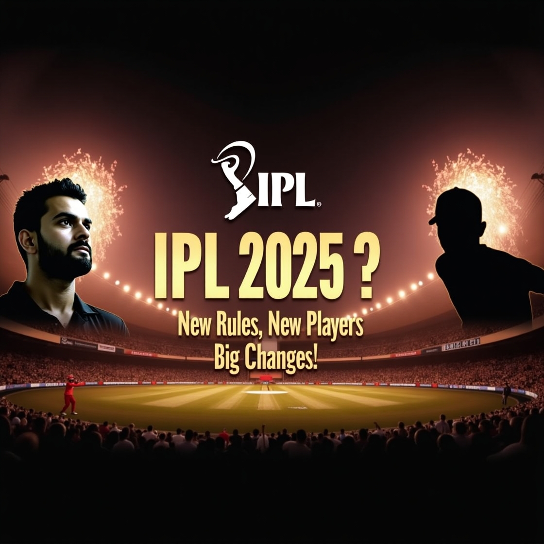 Create a high-quality YouTube thumbnail showing a dramatic night-time cricket stadium filled with lights and fireworks in the background. On the left side, place a cut-out image of Virat Kohli or MS Dhoni in intense expression. On the right side, show a shadowy silhouette of a new young cricketer (to represent rising talent). Add big bold Hindi text in the center-top: "IPL 2025 में क्या धमाका होगा?" Below it, add smaller English text: "New Rules, New Players, Big Changes!" Use a red, gold, and black color theme to give a premium and thrilling feel. Include the IPL 2025 logo in one of the top corners. The overall mood should be exciting, high-energy, and create curiosity for cricket fans.